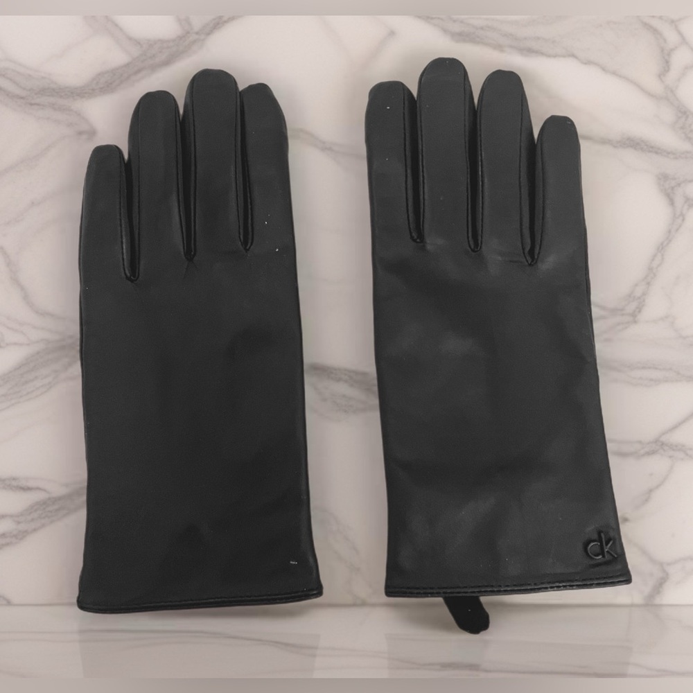 Calvin Klein NEW Black 100% Soft Leather Women’s Gloves, Monogrammed, Sizr L